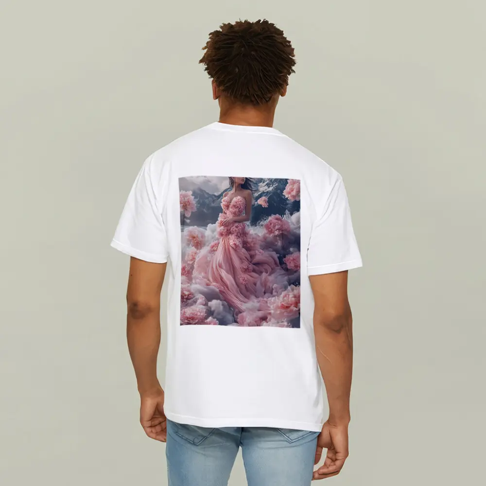 Woman Pink Floral Dress Dreamy Mountain Scene – T-Shirts