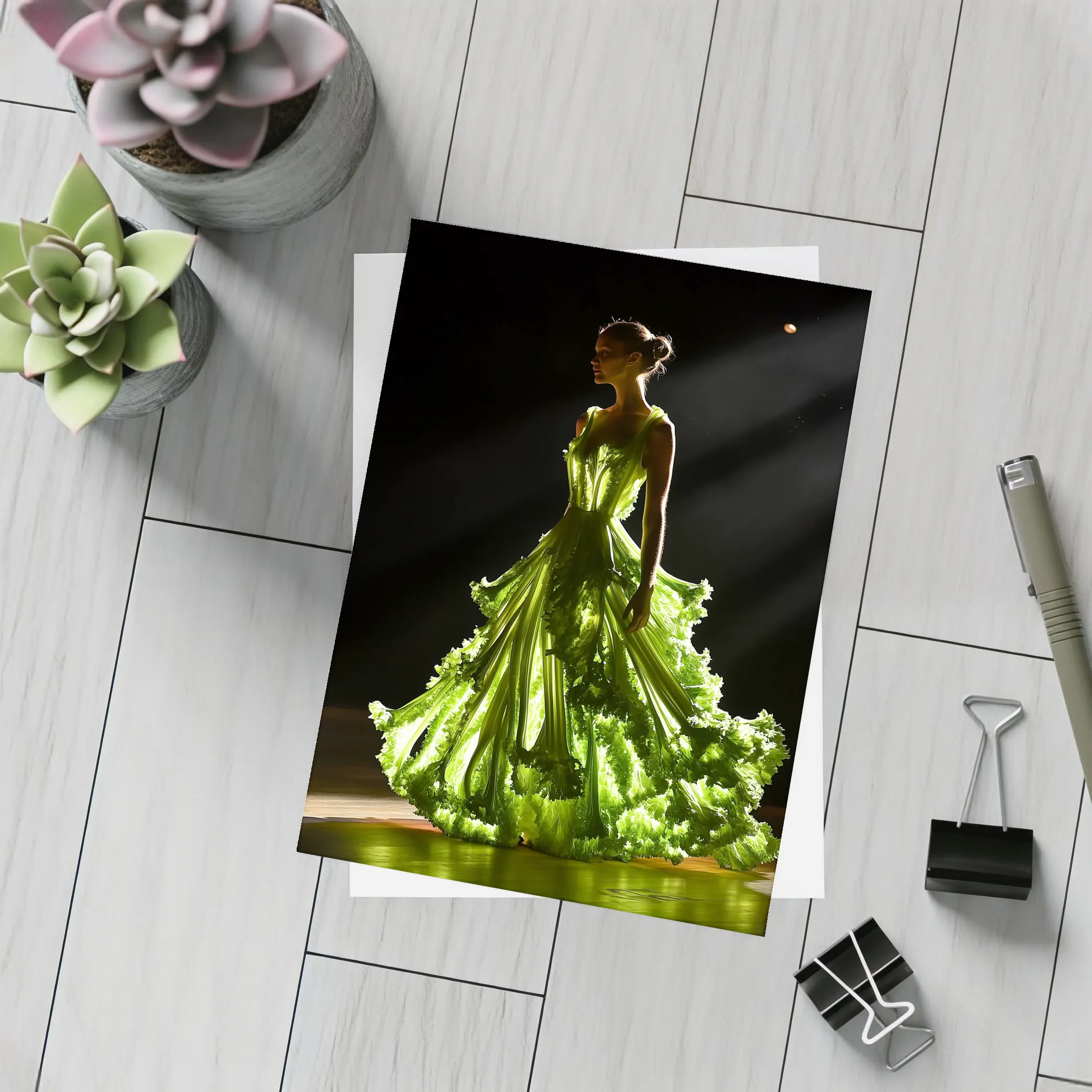 Woman Green Lettuce Gown Dark Stage – Postcards