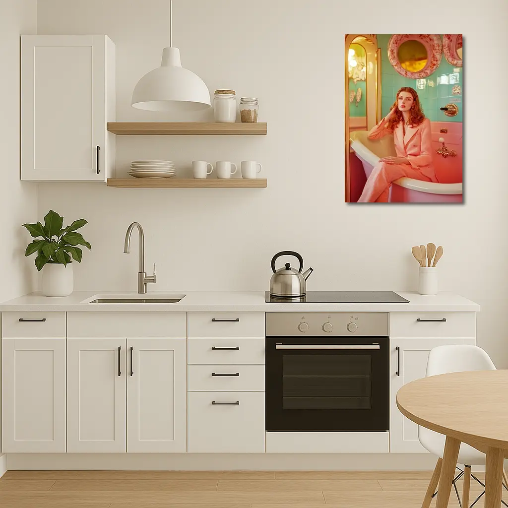Redhead Woman Pink Suit Retro Bathroom – Wall Art