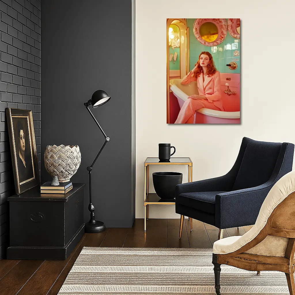 Redhead Woman Pink Suit Retro Bathroom – Wall Art