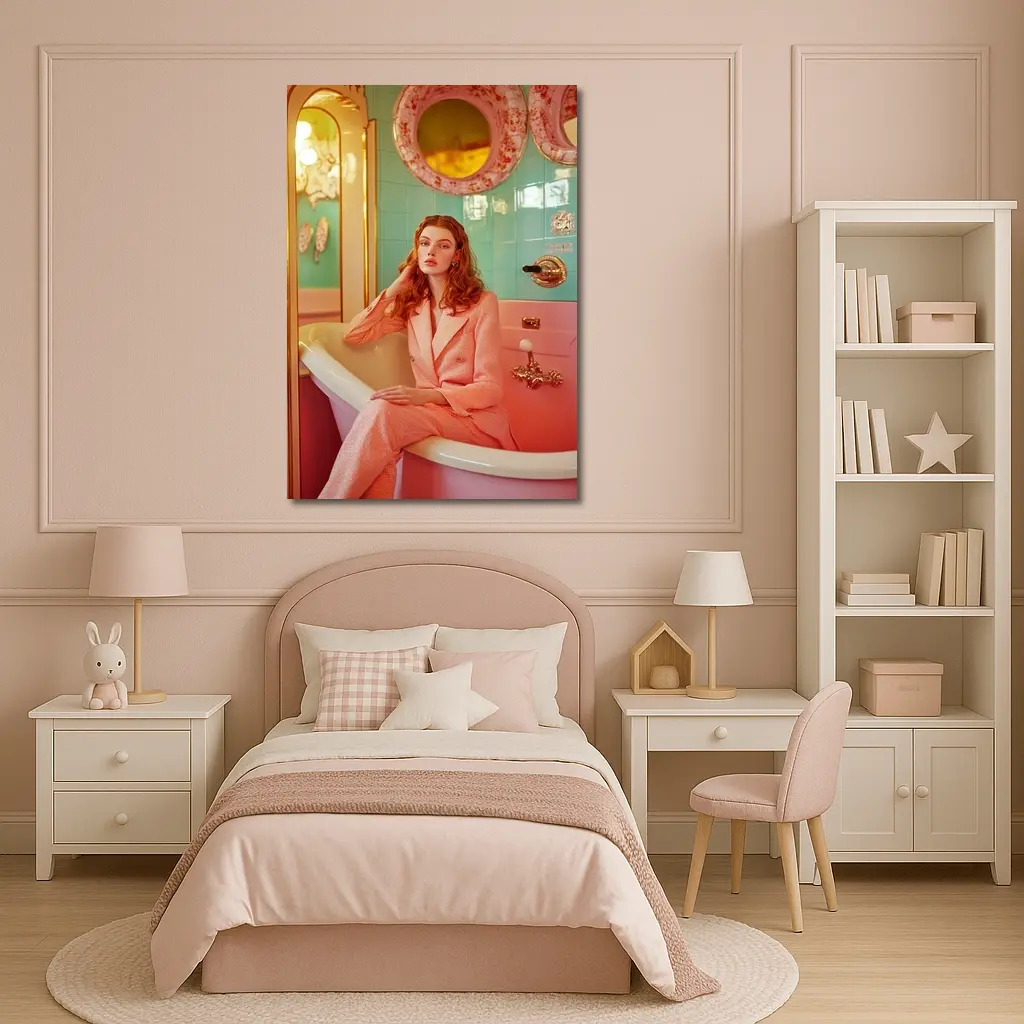 Redhead Woman Pink Suit Retro Bathroom – Wall Art