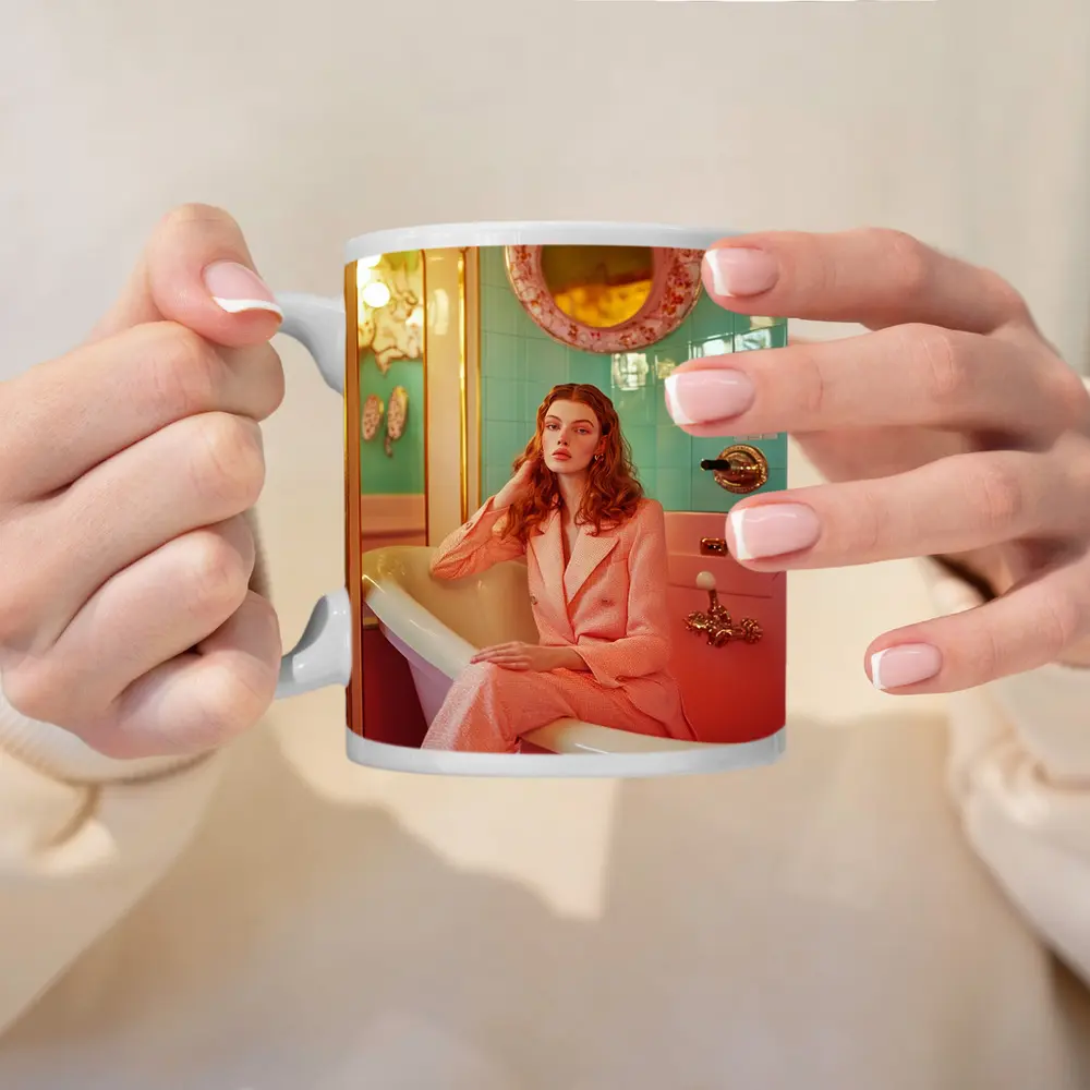 Redhead Woman Pink Suit Retro Bathroom – Mugs