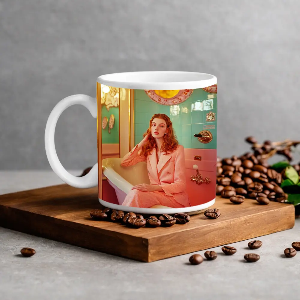 Redhead Woman Pink Suit Retro Bathroom – Mugs