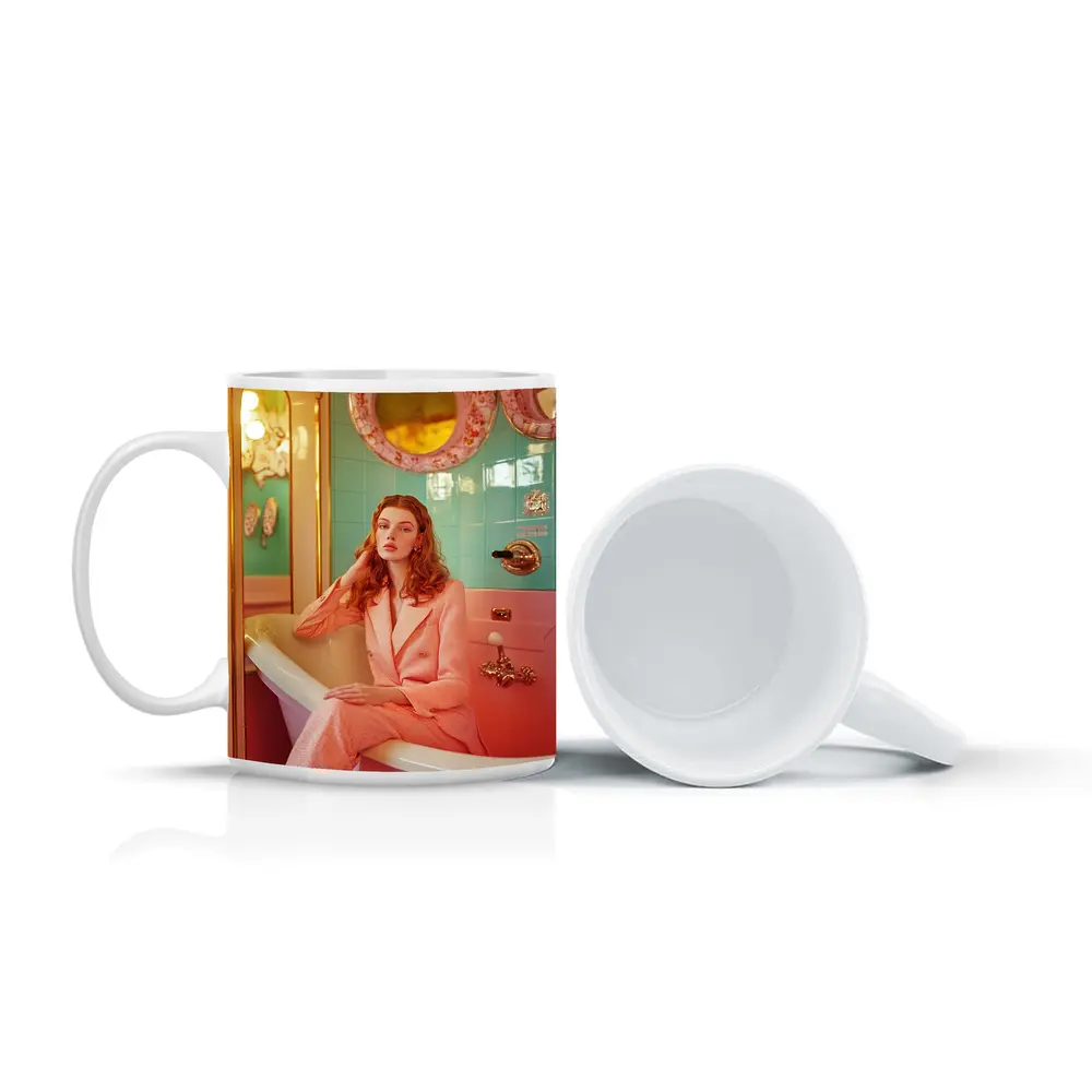 Redhead Woman Pink Suit Retro Bathroom – Mugs