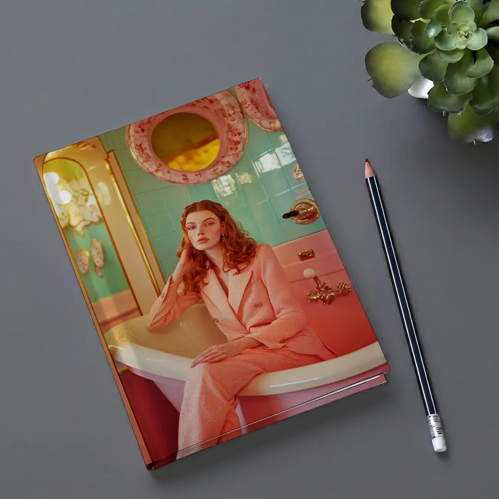 Redhead Woman Pink Suit Retro Bathroom – Notebooks