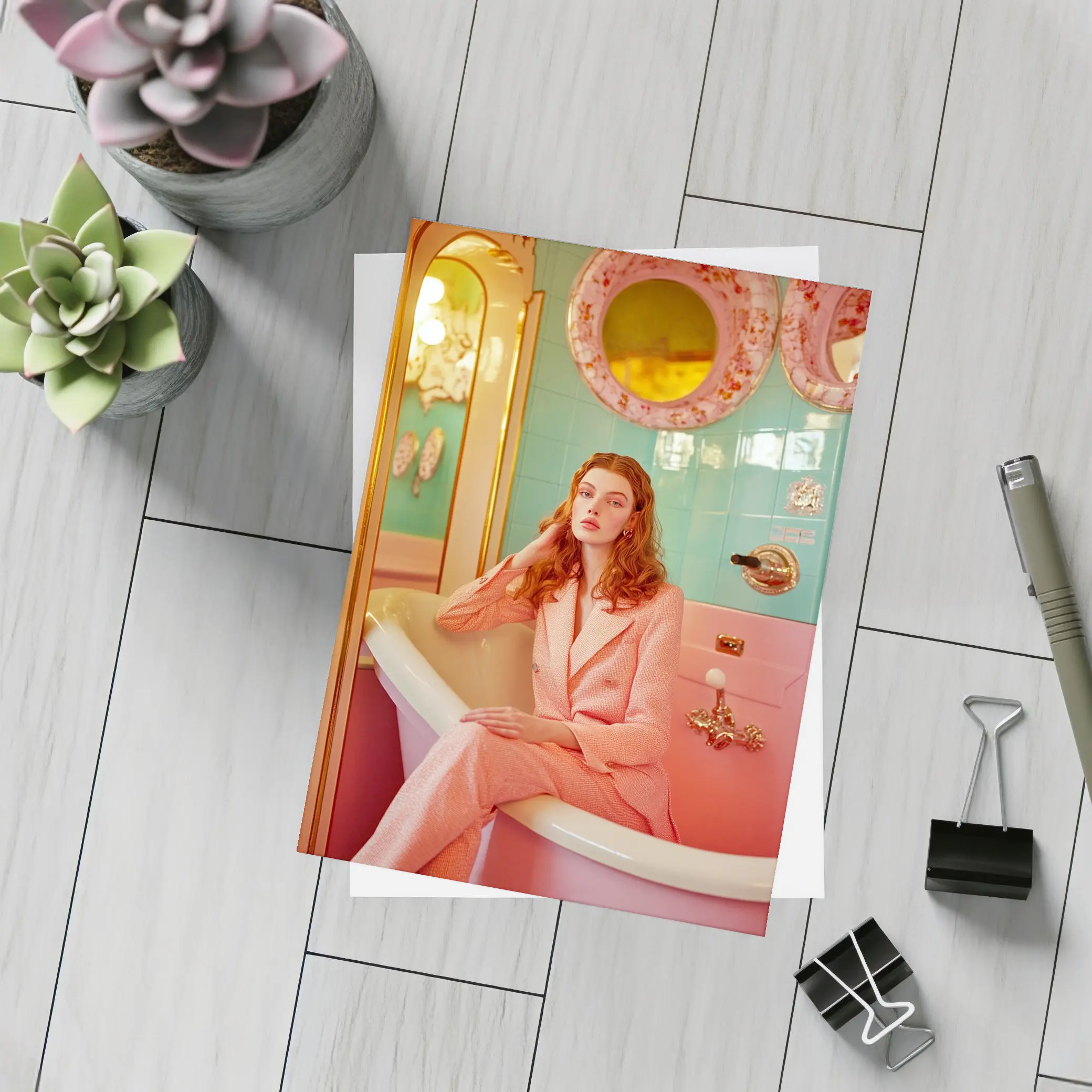 Redhead Woman Pink Suit Retro Bathroom – Postcards