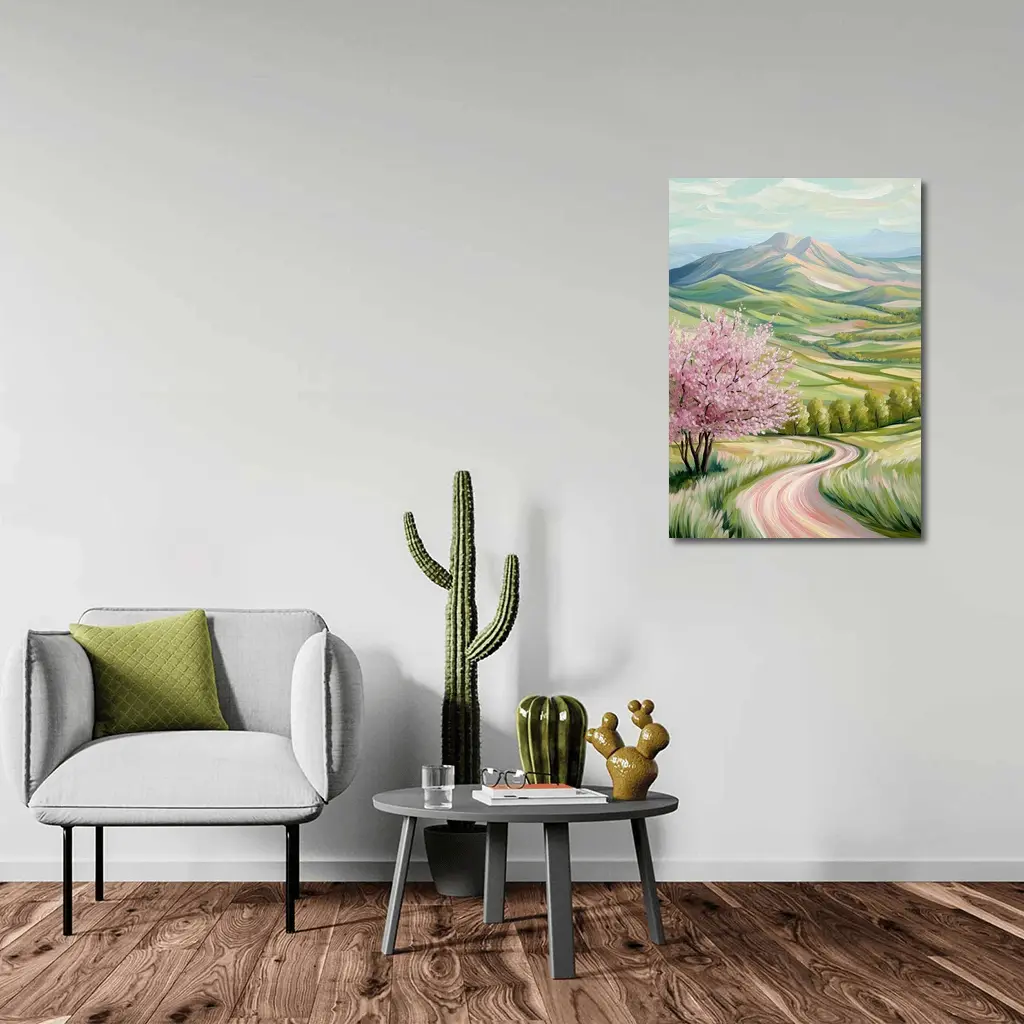 Cherry Blossom Tree Spring Valley Mountain Landscape – Wall Art