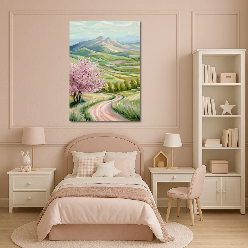 Cherry Blossom Tree Spring Valley Mountain Landscape – Wall Art