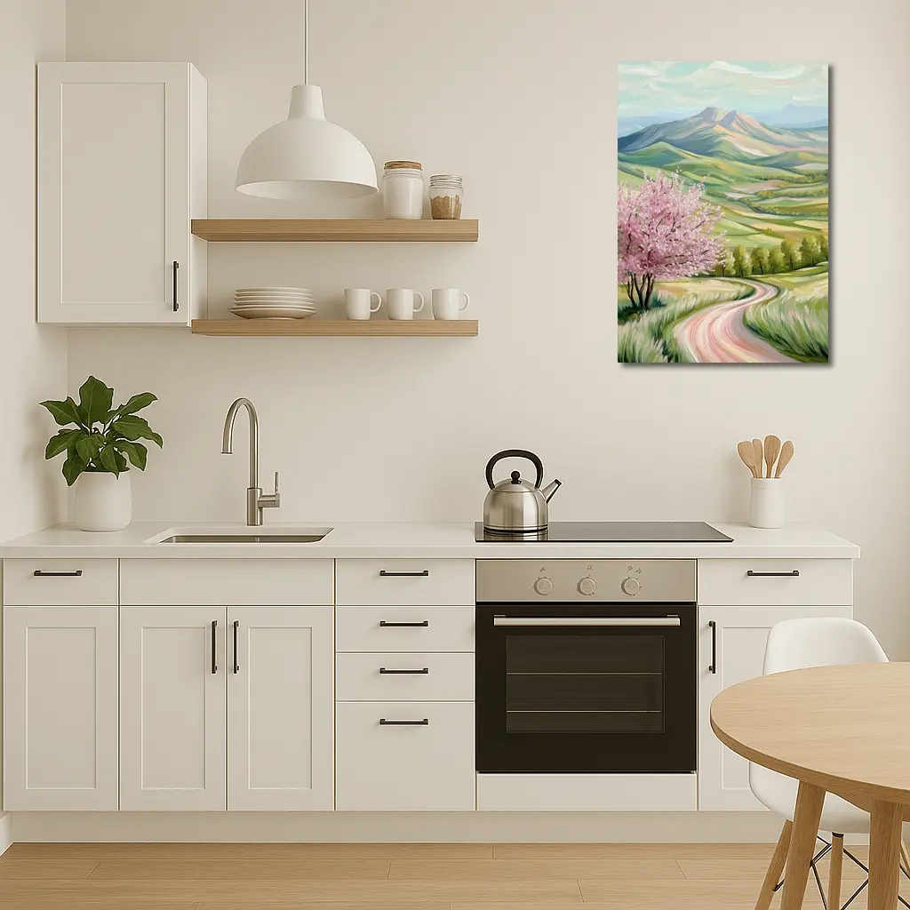 Cherry Blossom Tree Spring Valley Mountain Landscape – Wall Art