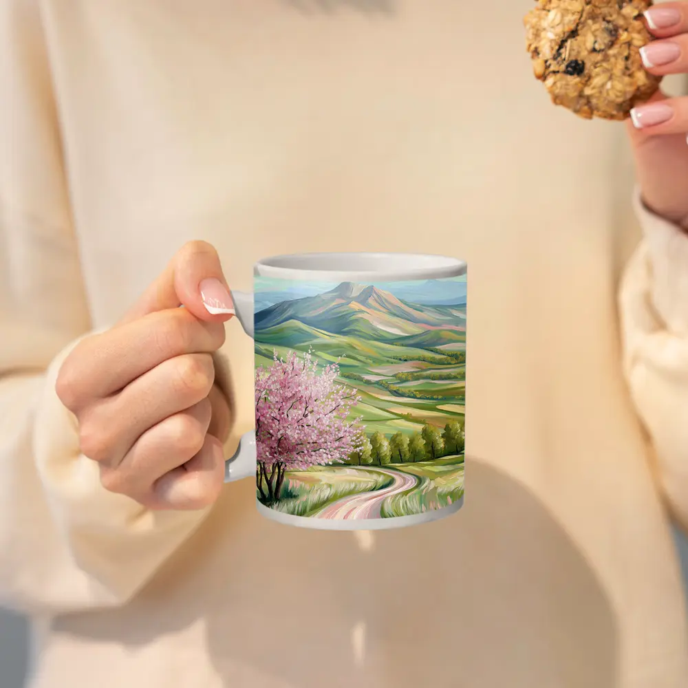 Cherry Blossom Tree Spring Valley Mountain Landscape – Mugs