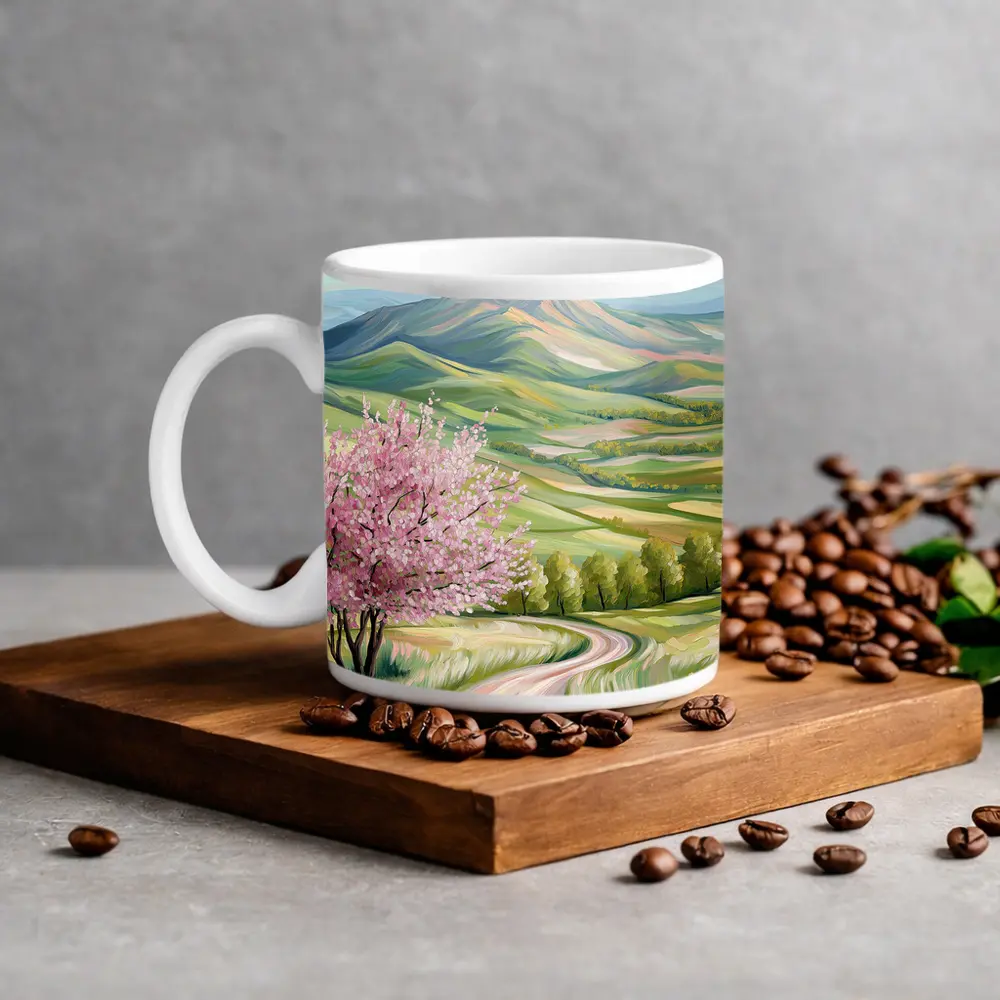 Cherry Blossom Tree Spring Valley Mountain Landscape – Mugs