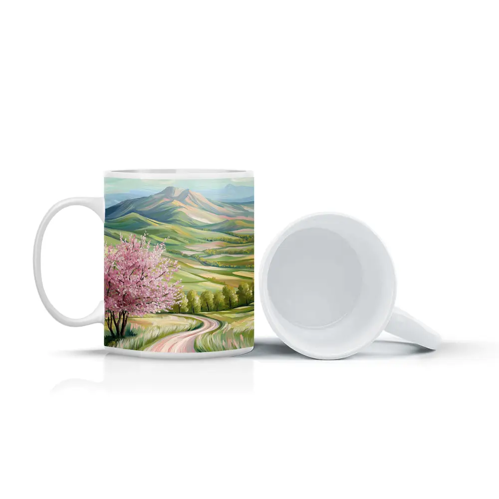 Cherry Blossom Tree Spring Valley Mountain Landscape – Mugs