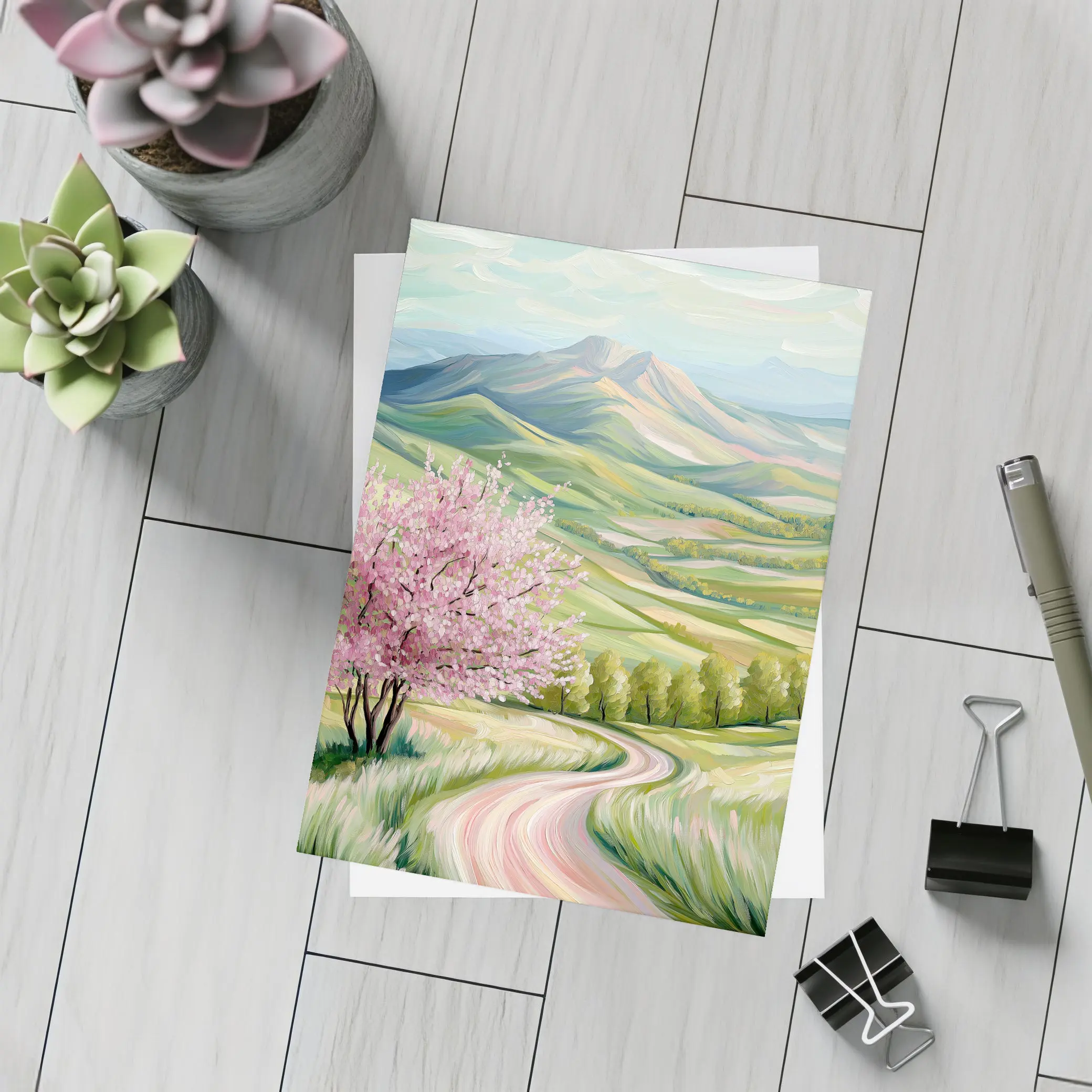 Cherry Blossom Tree Spring Valley Mountain Landscape – Postcards