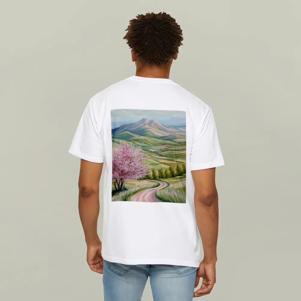 Cherry Blossom Tree Spring Valley Mountain Landscape – T-Shirts