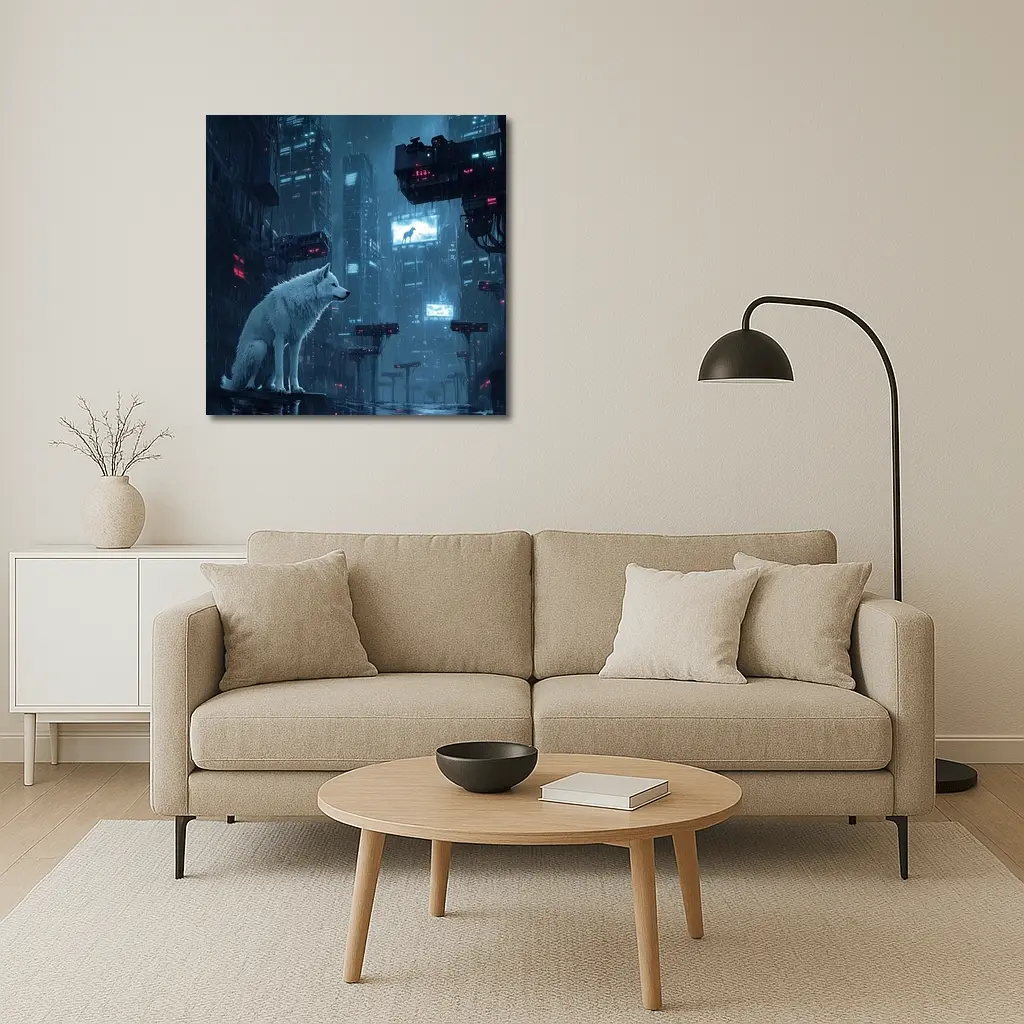 White Wolf Sitting in Rainy Cyberpunk City – Wall Art