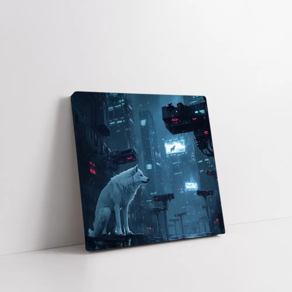 White Wolf Sitting in Rainy Cyberpunk City – Wall Art