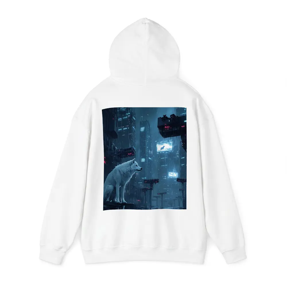 White Wolf Sitting in Rainy Cyberpunk City – Hoodies