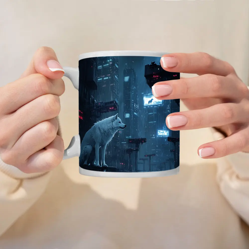 White Wolf Sitting in Rainy Cyberpunk City – Mugs