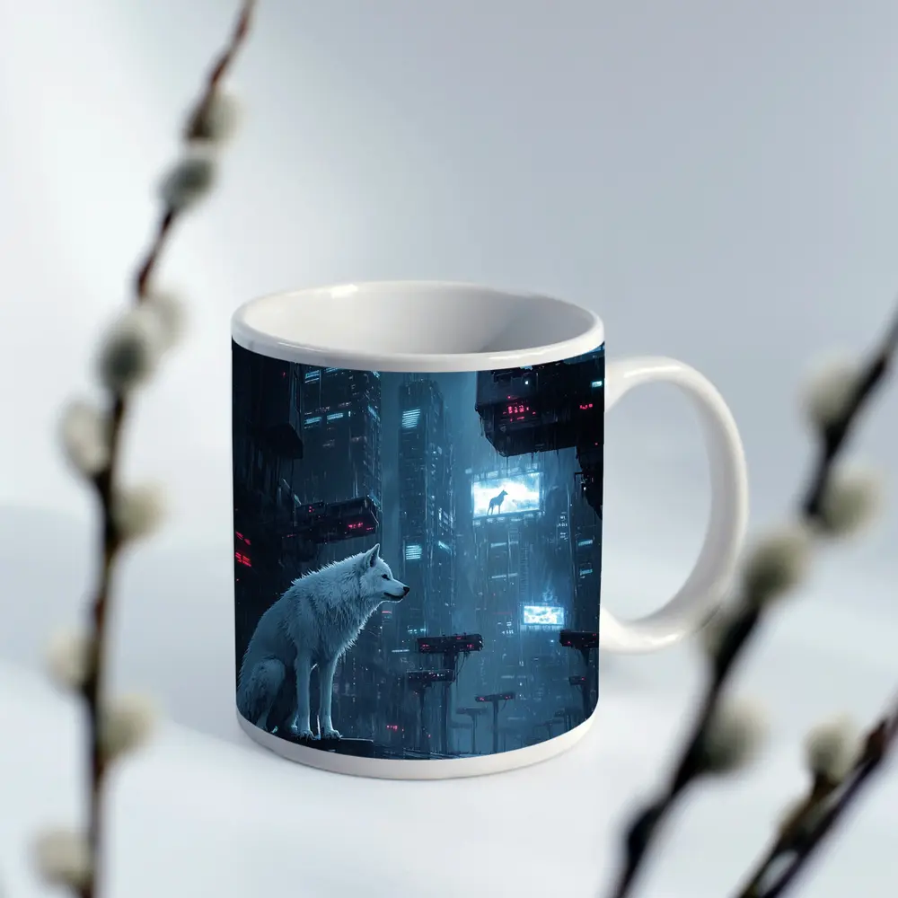 White Wolf Sitting in Rainy Cyberpunk City – Mugs