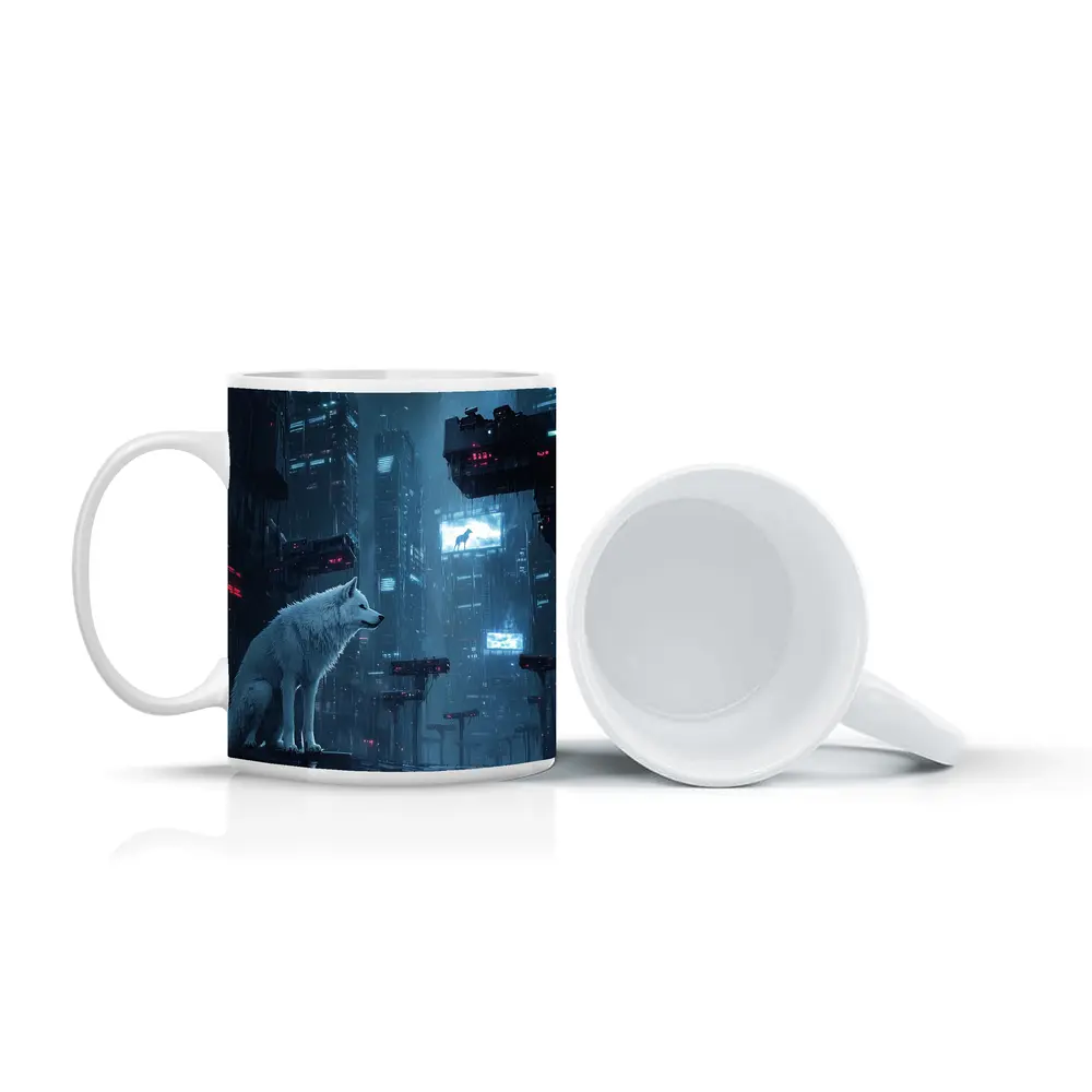 White Wolf Sitting in Rainy Cyberpunk City – Mugs