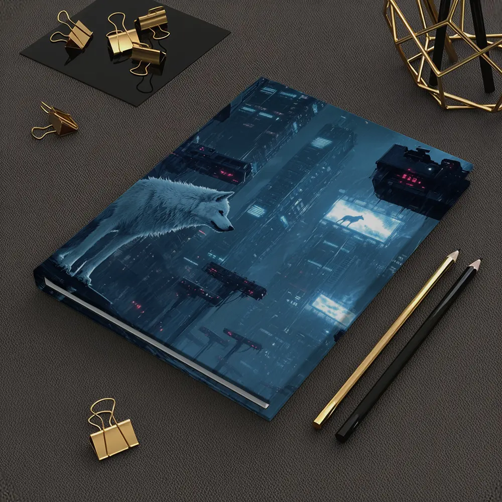 White Wolf Sitting in Rainy Cyberpunk City – Notebooks