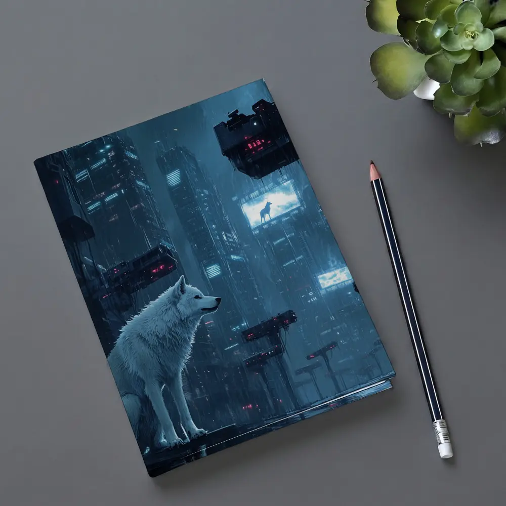 White Wolf Sitting in Rainy Cyberpunk City – Notebooks