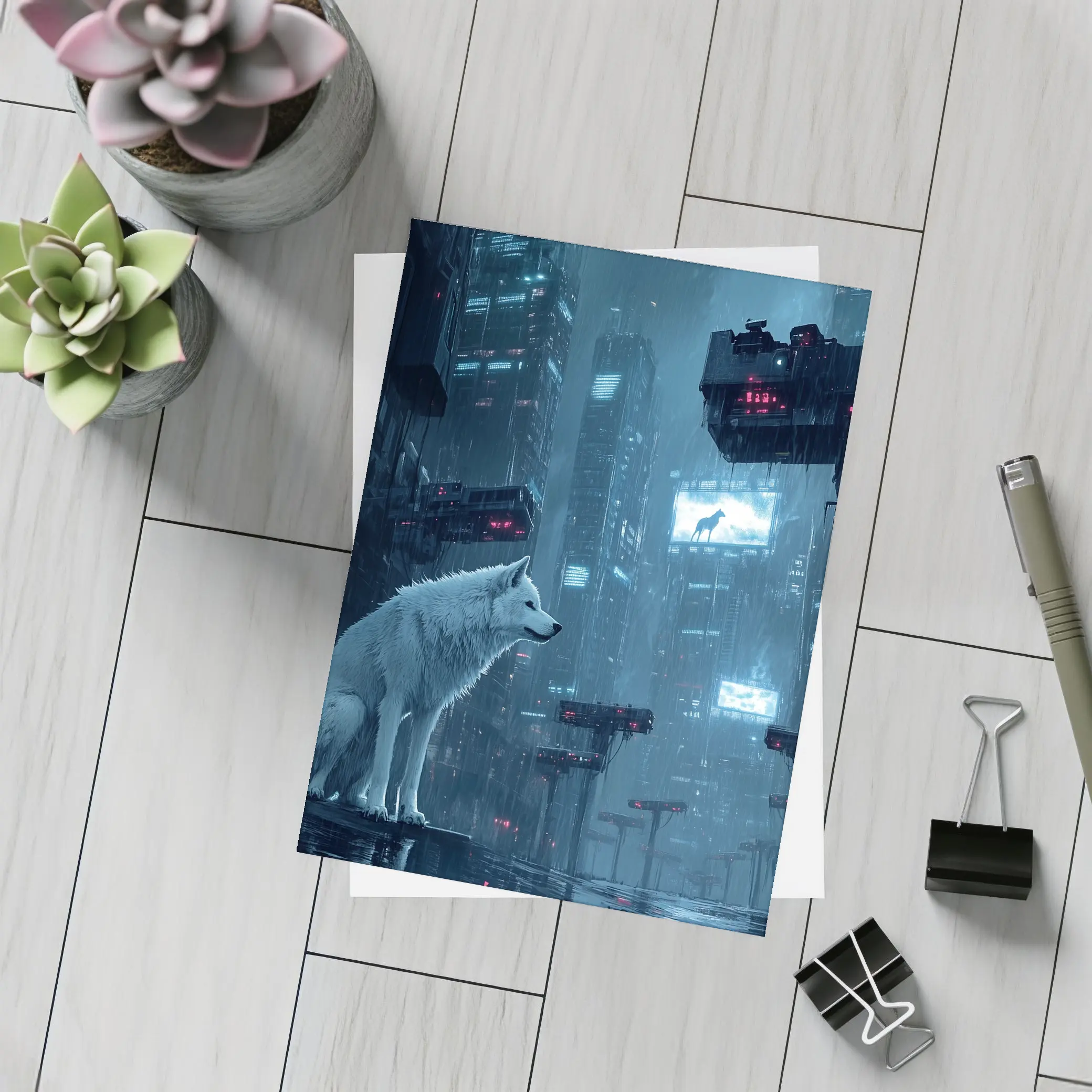White Wolf Sitting in Rainy Cyberpunk City – Postcards