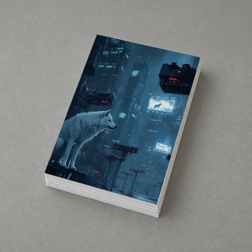 White Wolf Sitting in Rainy Cyberpunk City – Postcards