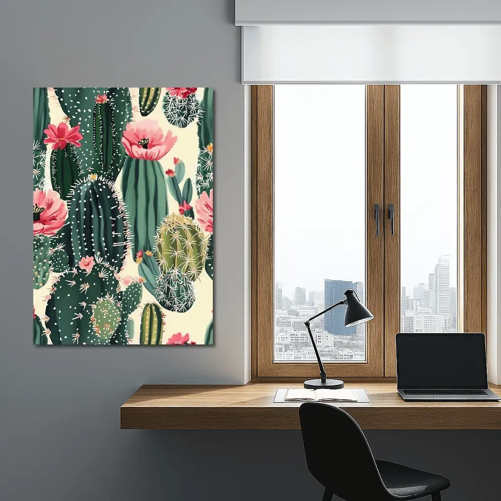 Flowering Cactus Pattern Green Pink Botanical – Wall Art