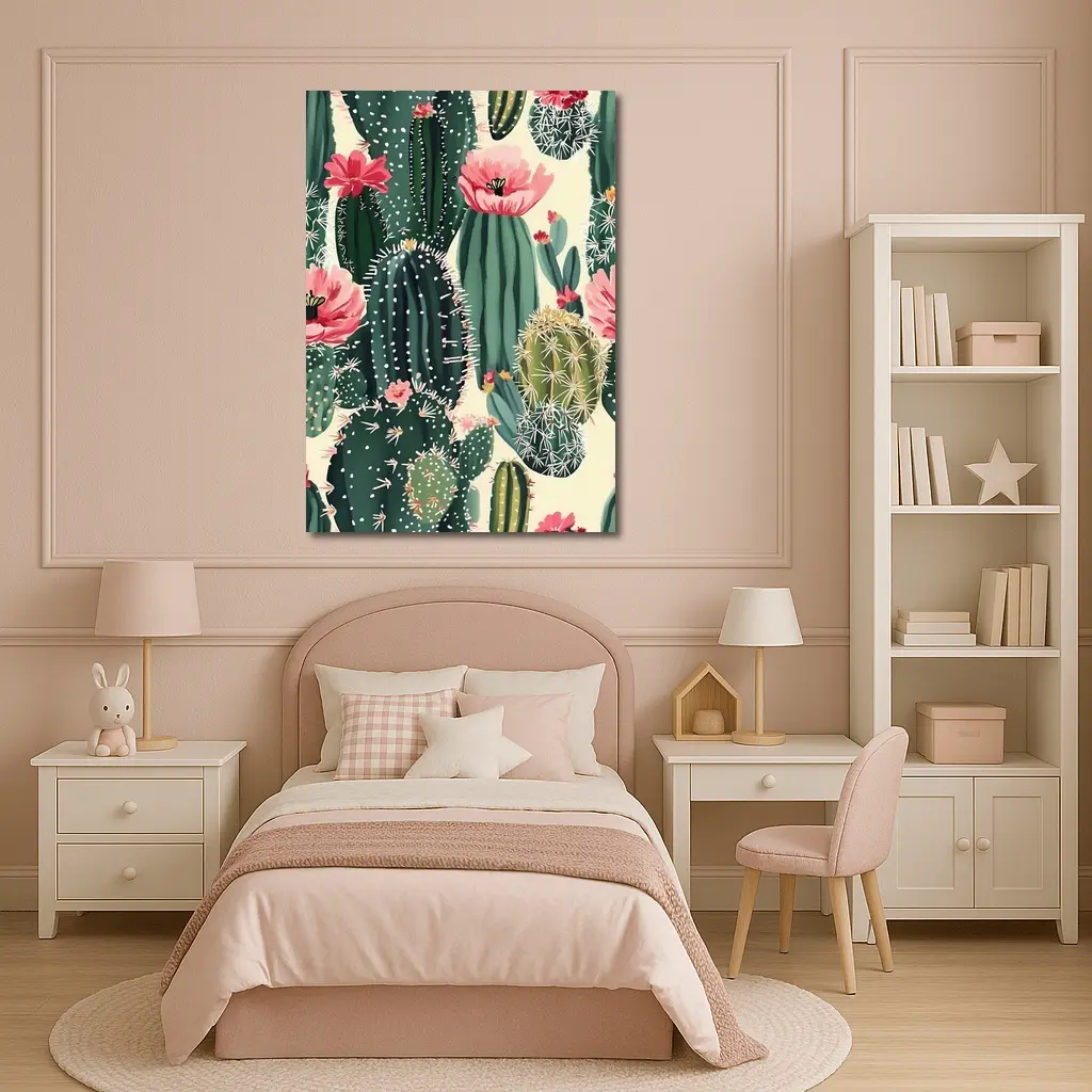 Flowering Cactus Pattern Green Pink Botanical – Wall Art