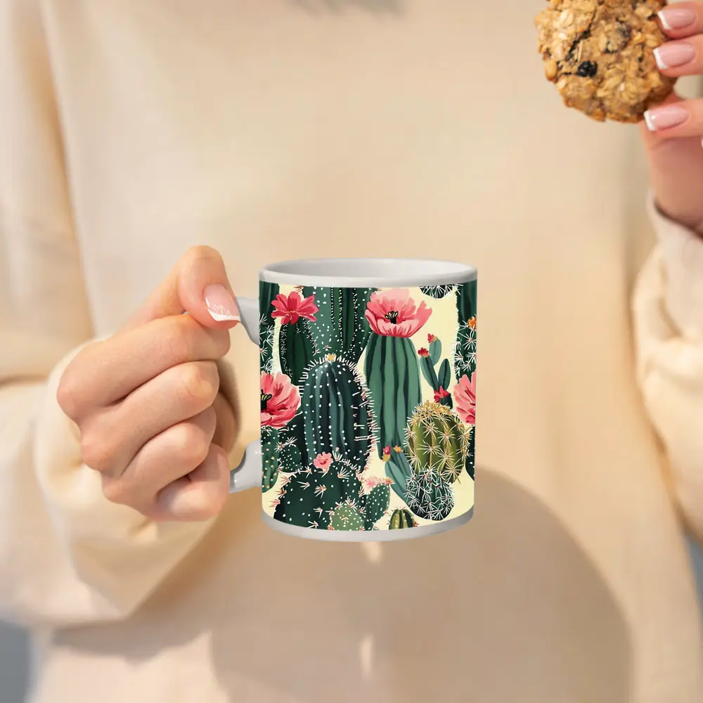 Flowering Cactus Pattern Green Pink Botanical – Mugs