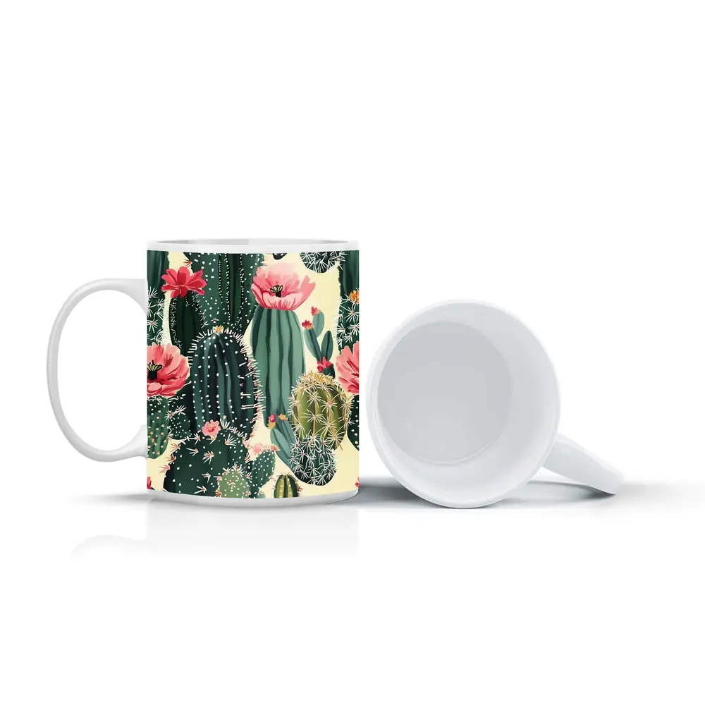 Flowering Cactus Pattern Green Pink Botanical – Mugs