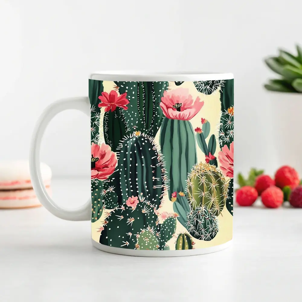 Flowering Cactus Pattern Green Pink Botanical – Mugs