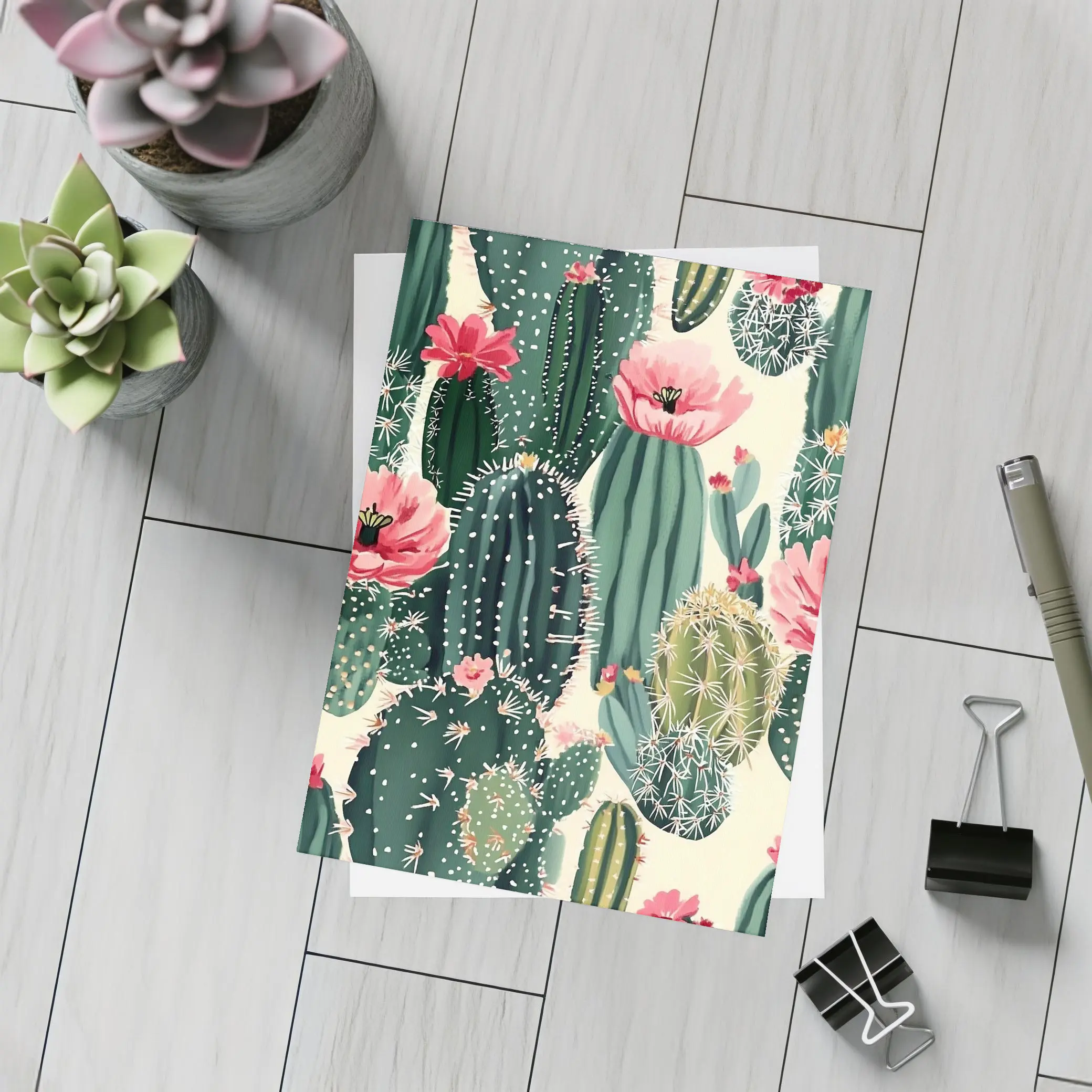 Flowering Cactus Pattern Green Pink Botanical – Postcards