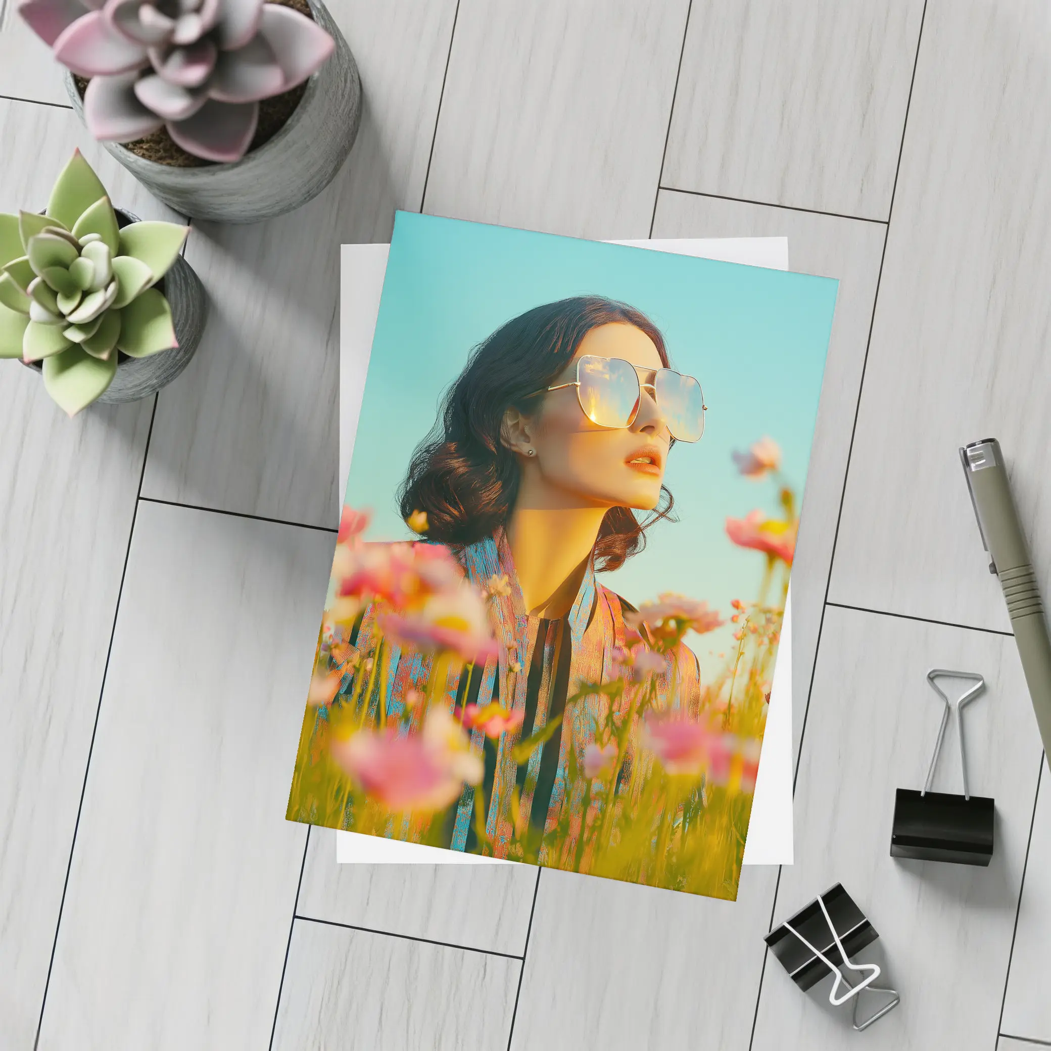 Woman Sunglasses Pink Wildflower Field Summer – Postcards