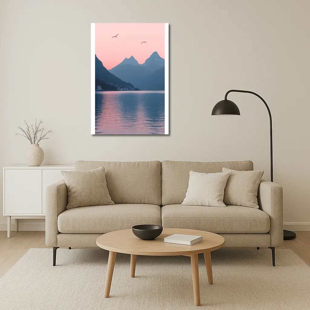 Pink Sunset Mountain Lake Birds Minimalist – Wall Art