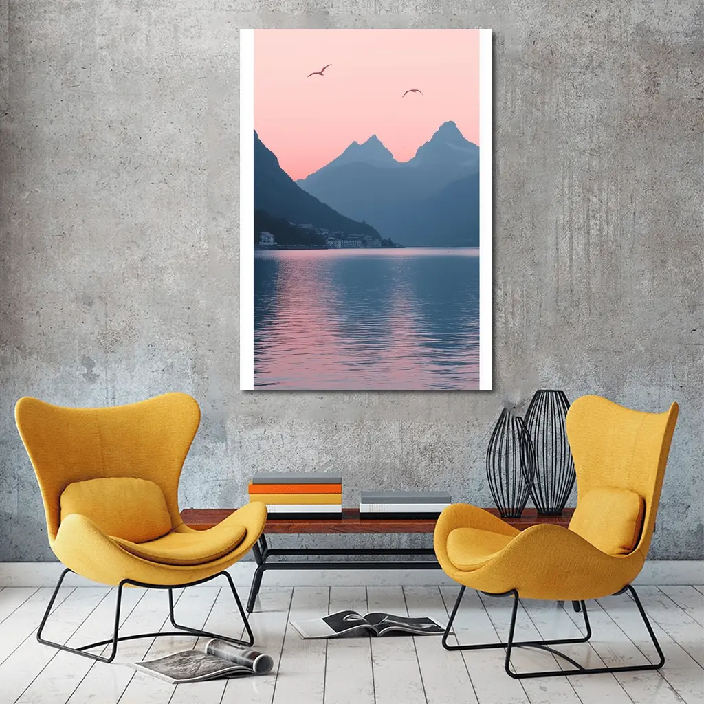 Pink Sunset Mountain Lake Birds Minimalist – Wall Art