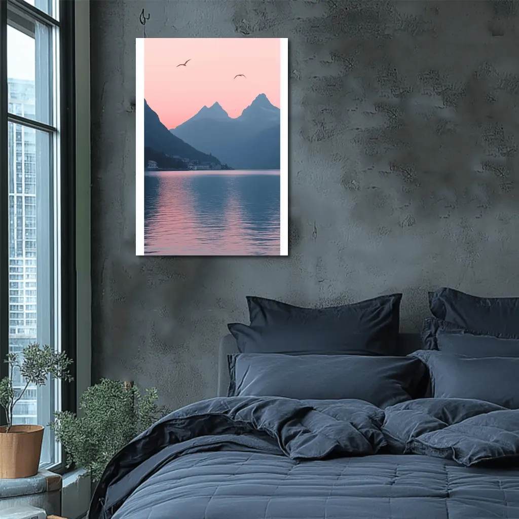Pink Sunset Mountain Lake Birds Minimalist – Wall Art