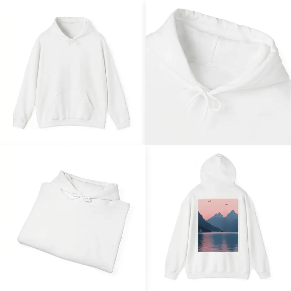 Pink Sunset Mountain Lake Birds Minimalist – Hoodies
