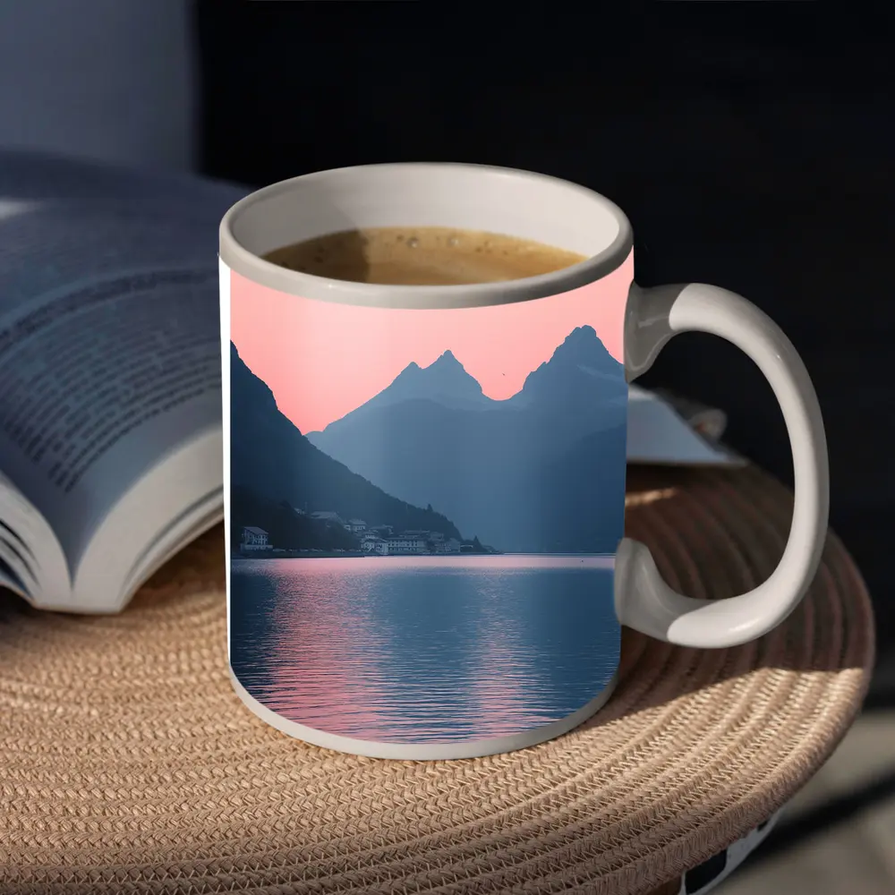 Pink Sunset Mountain Lake Birds Minimalist – Mugs