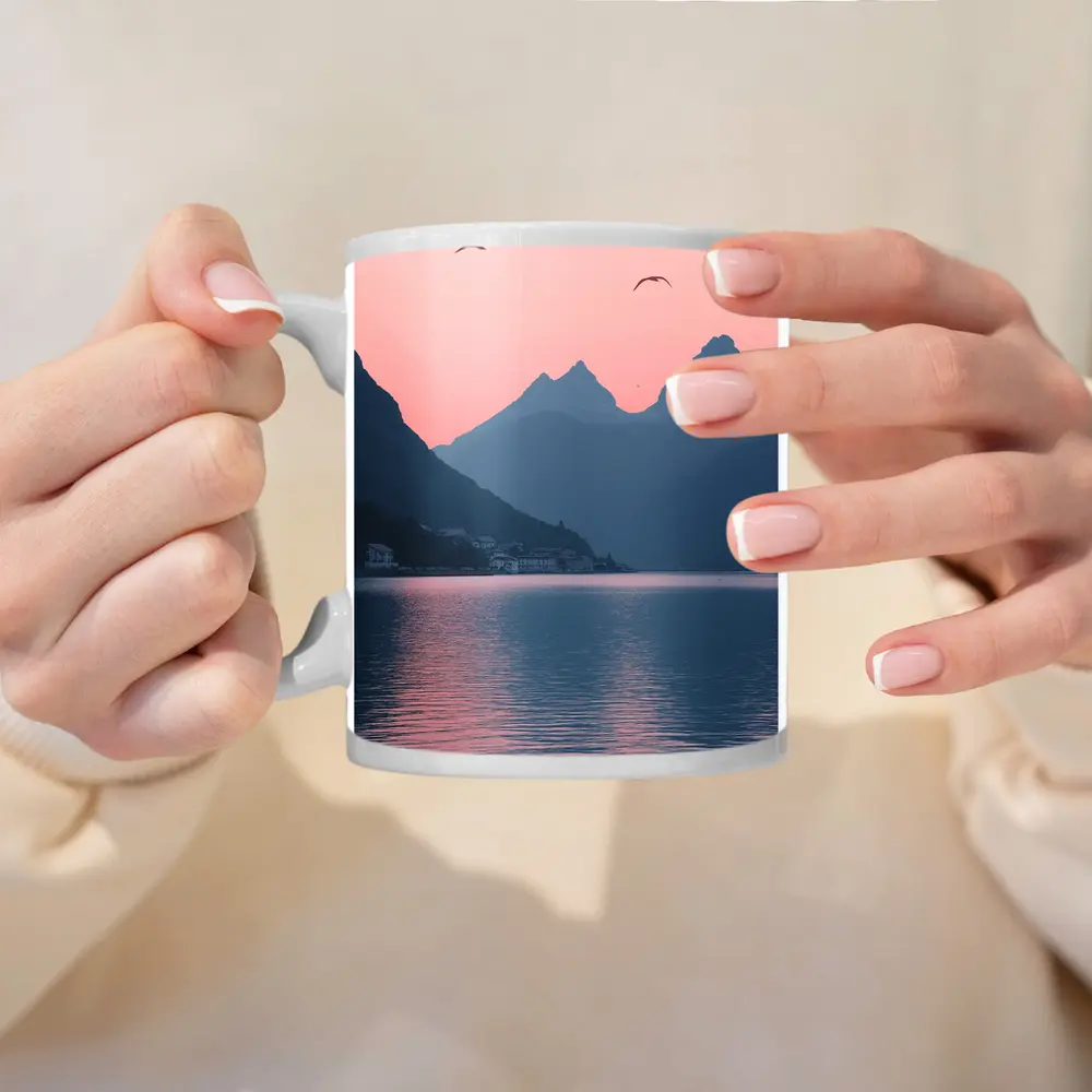 Pink Sunset Mountain Lake Birds Minimalist – Mugs