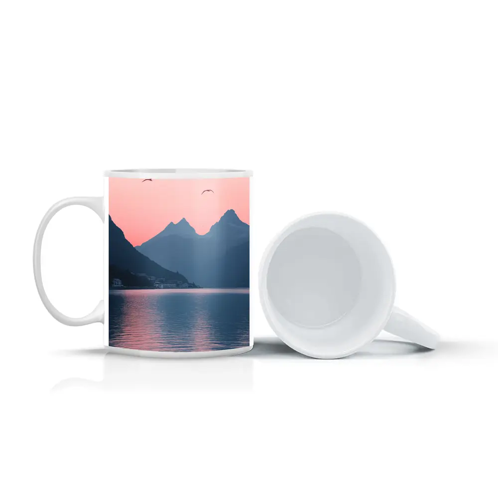 Pink Sunset Mountain Lake Birds Minimalist – Mugs