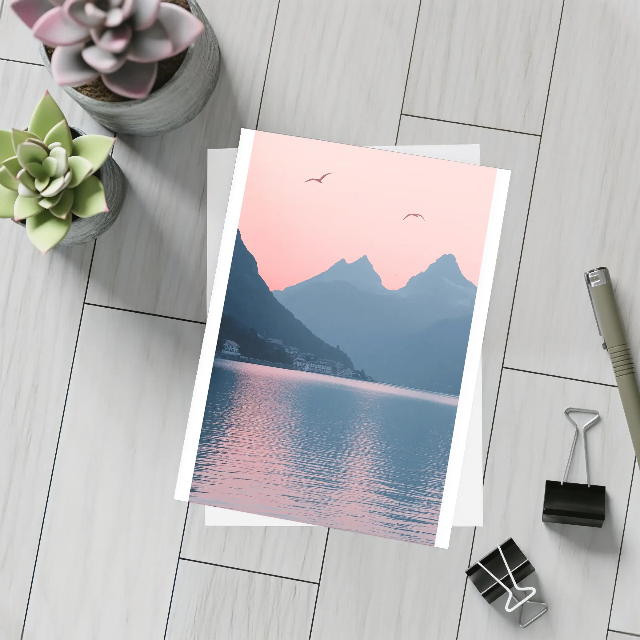 Pink Sunset Mountain Lake Birds Minimalist – Postcards