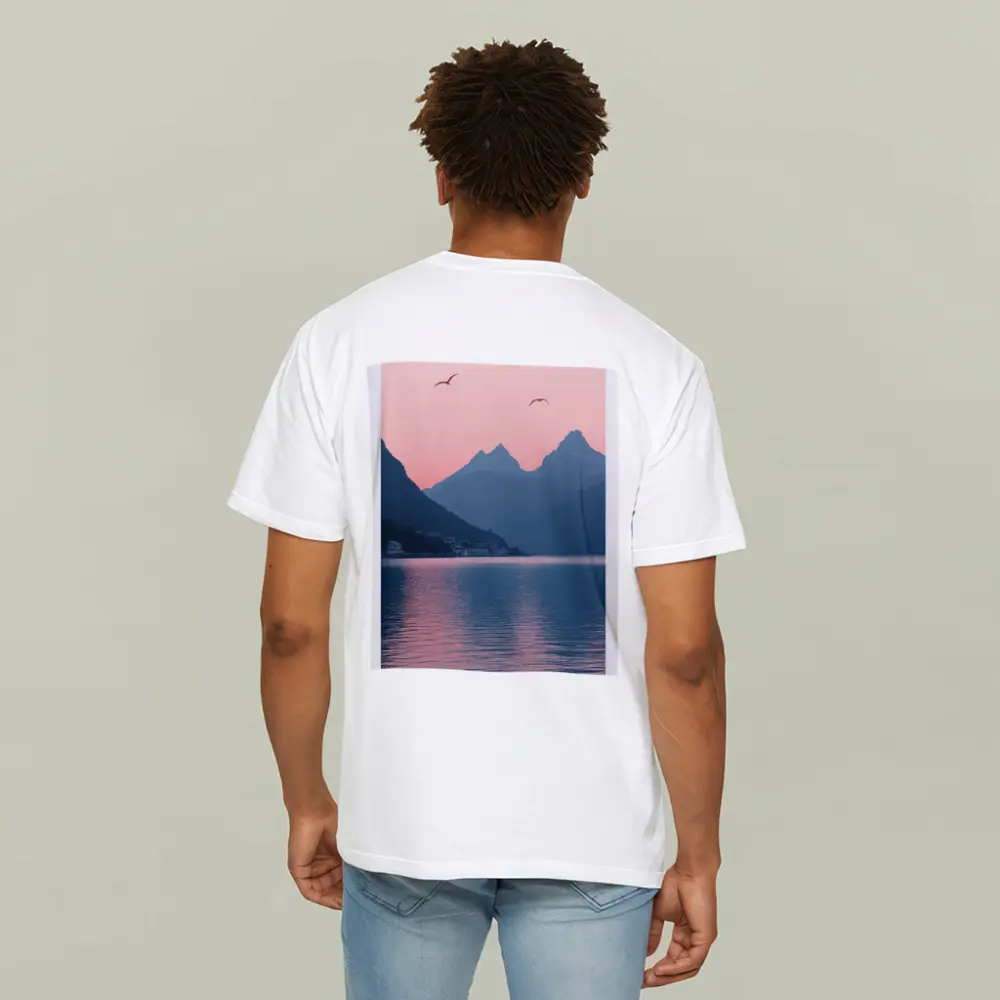 Pink Sunset Mountain Lake Birds Minimalist – T-Shirts