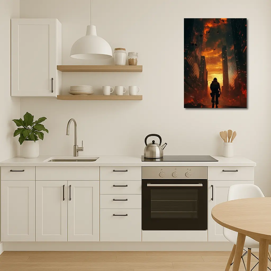 Soldier Standing In Burning City Streets – Wall Art