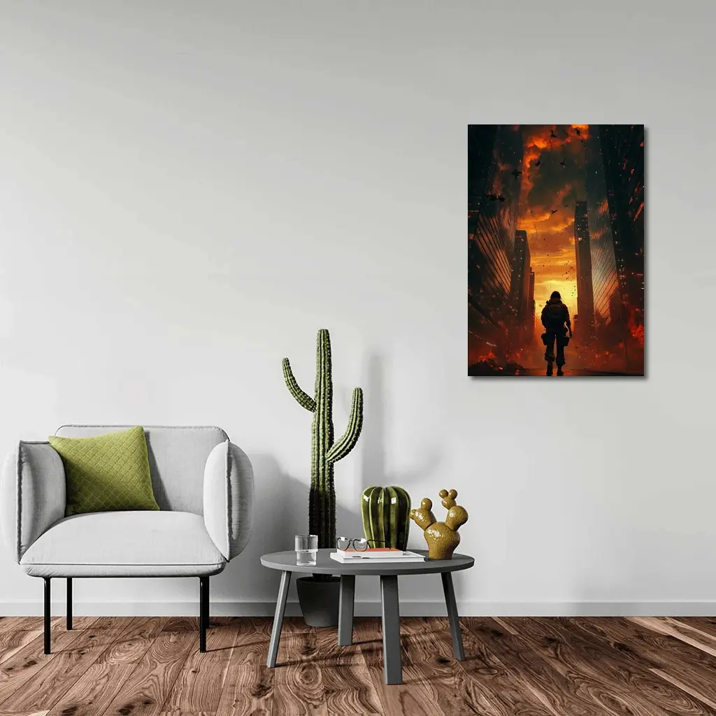 Soldier Standing In Burning City Streets – Wall Art