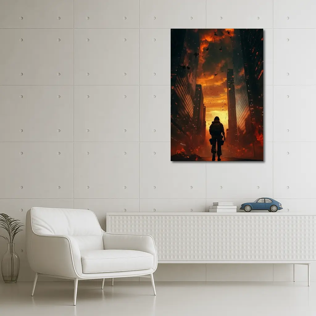 Soldier Standing In Burning City Streets – Wall Art