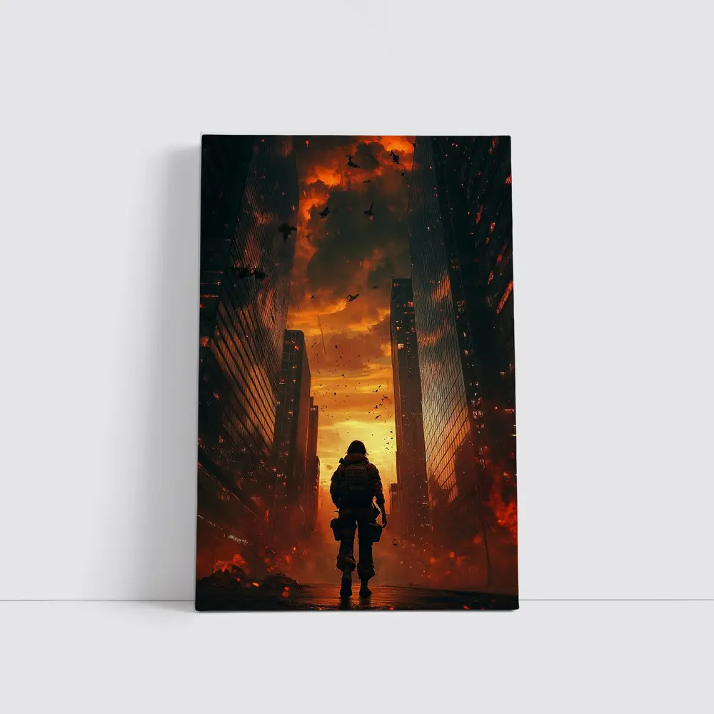 Soldier Standing In Burning City Streets – Wall Art