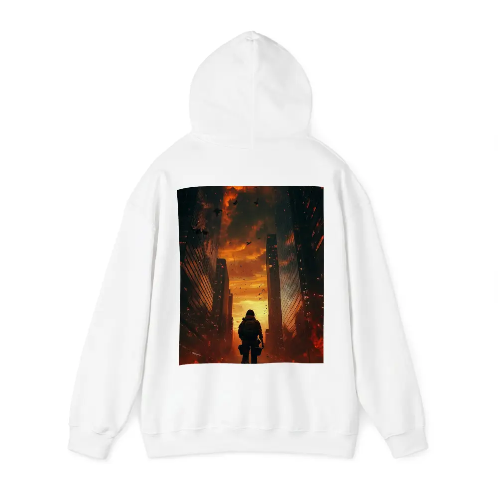 Soldier Standing In Burning City Streets – Hoodies