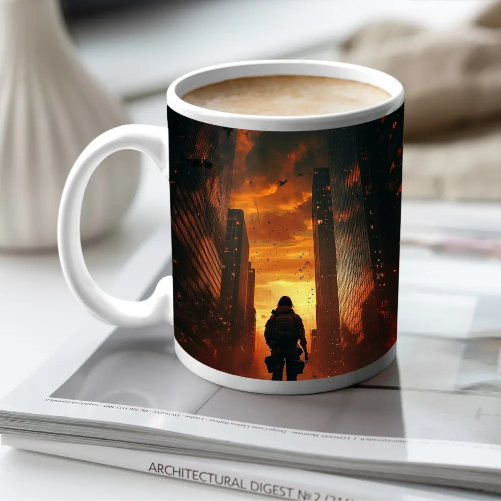 Soldier Standing In Burning City Streets – Mugs